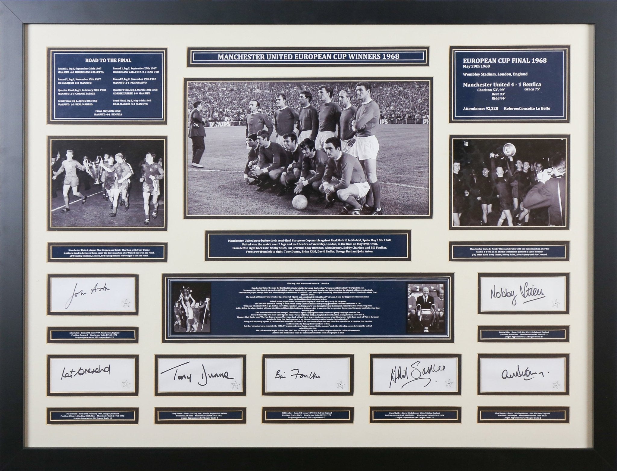 Multi Signed Man United EU Cup Winners 1969 Whitecard Framed Display - Memorabilia Framers Shop